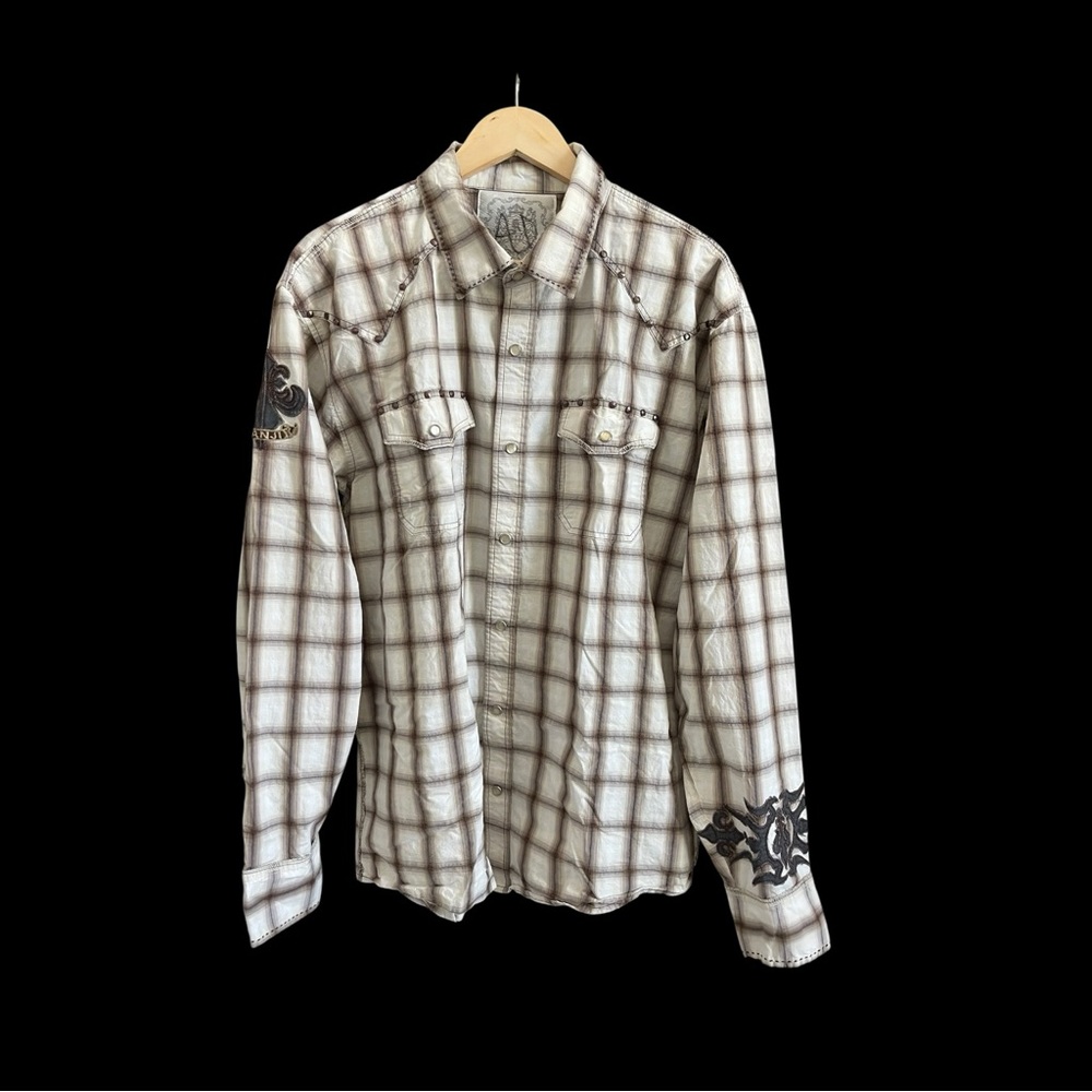 Kanji Men’s Western Plaid Shirt Embroidered Cross Snap Button 4XL Fits XL